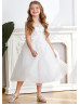 Ivory Beaded Lace Appliques Tulle Tea Length Flower Girl Dress